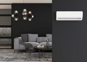 Modern air conditioner hanging on the wall in room. Cooling product for hot climate in summer. Machine which keeps the air in a building cool and dry. Modern interior with air-conditioning. 3D render. photo