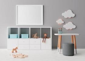 Empty picture frame on gray wall in modern child room. Mock up interior in scandinavian style. Free, copy space for your picture. Console, table with chairs, toys. Cozy room for kids. 3D rendering. photo