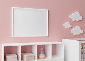 Empty white picture frame on pink wall in modern child room. Mock up interior in scandinavian style. Free, copy space for your picture. Sideboard, bed, toys. Cozy room for kids. 3D rendering. photo