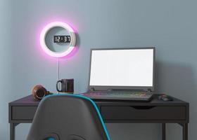 Laptop with blank white screen. Gaming at home. Computer mock up. Copy space for app, game, website presentation. Empty laptop screen. Modern interior. Neon lights. Gamer place. 3D render. photo