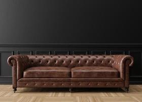 Empty black wall in modern living room. Mock up interior in classic style. Free space, copy space for your picture, text, or another design. Brown leather sofa. 3D rendering. photo