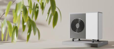 Air heat pump and leaves on beige background. Modern, environmentally friendly heating. Air source heat pumps are efficient and renewable source of energy. Banner. 3d rendering. photo