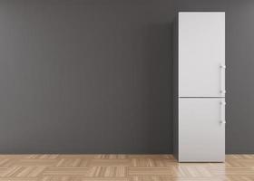Refrigerator standing in empty room. Free, copy space for text or other objects. Household electrical equipment. Modern kitchen appliance. Stainless steel fridge with freezer. 3d rendering.