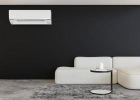 Modern air conditioner hanging on the wall in room. Cooling product for hot climate in summer. Machine which keeps the air in a building cool and dry. Modern interior with air-conditioning. 3D render. photo