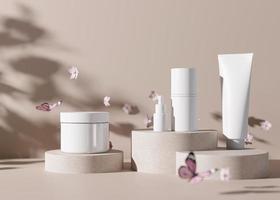 Group of white and blank, unbranded cosmetic cream jars and tubes on brown background with flying flowers. Skin care product presentation. Elegant mockup. Beauty and spa. Spring, blossom. 3D render. photo