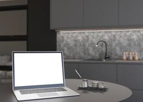 Laptop with blank white screen, on black table at home. Computer mock up. Free, copy space for app, game, web site presentation. Empty laptop screen ready for your design. Modern interior. 3D render. photo
