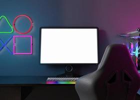 Monitor with blank white screen. Gaming at home. Computer mock up. Copy space for app, game, website presentation. Empty screen. Modern interior. Neon lights. Gamer place. 3D render. photo