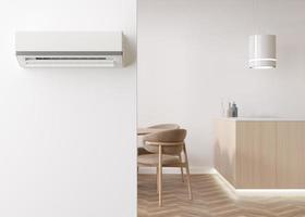 Modern air conditioner hanging on the wall in room. Cooling product for hot climate in summer. Machine which keeps the air in a building cool and dry. Modern interior with air-conditioning. 3D render. photo