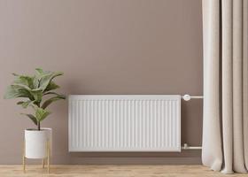 radiador de calefacción blanco con termostato en pared marrón. sistema de calefacción central. gratis, copia espacio para tu texto. representación 3d foto