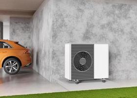 Air heat pump standing outdoors. Modern, environmentally friendly heating. Save your money with air pump. Air source heat pumps are efficient and renewable source of energy. 3d rendering. photo