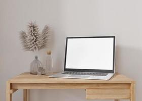 Laptop with blank white screen, on wooden table at home. Computer mock up. Free, copy space for app, game, web site presentation. Empty laptop screen ready for your design. Modern interior. 3D render. photo