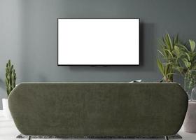 LED TV with blank white screen, hanging on the wall at home. TV mock up. Copy space for advertising, movie, app presentation. Empty television screen ready for your design. Modern interior. 3D render. photo