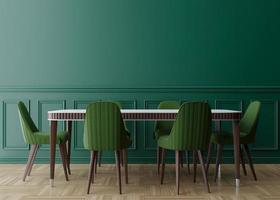 Empty green wall in modern dining room. Mock up interior in classic style. Free space, copy space for your picture, text, or another design. Dinig table with green chairs, parquet floor. 3D rendering. photo