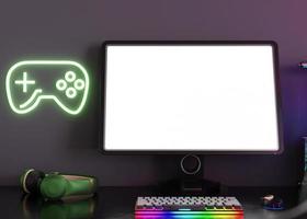 Monitor with blank white screen. Gaming at home. Computer mock up. Copy space for app, game, website presentation. Empty screen. Modern interior. Neon lights. Gamer place. 3D render. photo