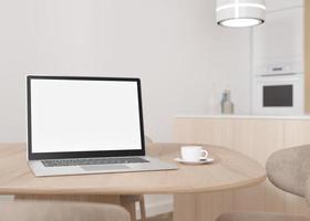 Laptop with blank white screen, on wooden table at home. Computer mock up. Free, copy space for app, game, web site presentation. Empty laptop screen ready for your design. Modern interior. 3D render. photo