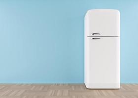 Refrigerator standing in empty room. Free, copy space for text or other objects. Household electrical equipment. Modern kitchen appliance. White fridge with freezer. 3d rendering. photo