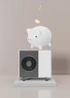 Air heat pump and piggy bank with falling coins on beige background. Modern, environmentally friendly heating. Save your money with air source heat pump. Vertical format. 3d rendering. photo