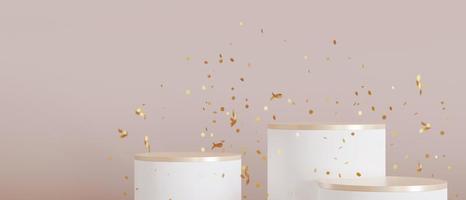 Set of white and golden podiums with falling confetti on beige background. Elegant podiums for product, cosmetic presentation. Mock up. Pedestal, platform for beauty products. Empty scene. 3D render. photo