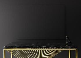 maqueta de imagen vacía negra en la pared negra en la sala de estar moderna. maqueta interior en estilo minimalista. espacio libre para su imagen. Mármol y consola dorada. representación 3d