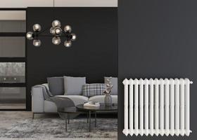 White heating radiator on black wall in modern room. Home interior. Central heating system. Heating is getting more expensive. Energy crisis. 3D rendering. photo