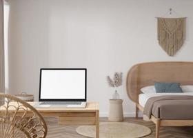 Laptop with blank white screen, on wooden table at home. Computer mock up. Free, copy space for app, game, web site presentation. Empty laptop screen ready for your design. Modern interior. 3D render. photo