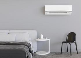 Modern air conditioner hanging on the wall in room. Cooling product for hot climate in summer. Machine which keeps the air in a building cool and dry. Modern interior with air-conditioning. 3D render. photo