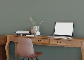 Laptop with blank white screen, on wooden table at home. Computer mock up. Free, copy space for app, game, web site presentation. Empty laptop screen ready for your design. Modern interior. 3D render. photo