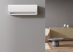 Modern air conditioner hanging on the wall in room. Cooling product for hot climate in summer. Machine which keeps the air in a building cool and dry. Modern interior with air-conditioning. 3D render. photo