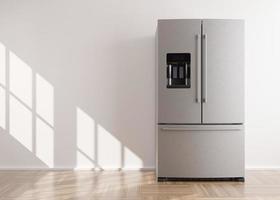 Refrigerator standing in empty room. Free, copy space for text or other objects. Household electrical equipment. Modern kitchen appliance. Stainless steel fridge with double doors, freezer. 3d render. photo