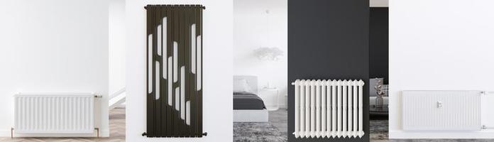 Collage with various modern heating radiators in home interior. Beautiful design radiator. Banner with heating elements. Radiator shop, store, consulting. Heating planning. 3D rendering.