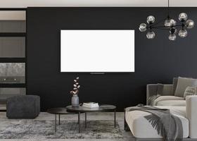 LED TV with blank white screen, hanging on the wall at home. TV mock up. Copy space for advertising, movie, app presentation. Empty television screen ready for your design. Modern interior. 3D render. photo