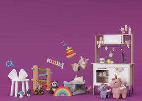juguetes para niños sobre fondo violeta con espacio de copia. juguetes multicolores de madera y peluches para niños pequeños o bebés. cocina de juego con platos de madera. espacio vacío para su texto, publicidad, representación 3d. foto