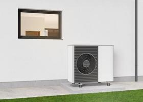 Air heat pump standing outdoors. Modern, environmentally friendly heating. Save your money with air pump. Air source heat pumps are efficient and renewable source of energy. 3d rendering. photo