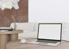 Laptop with blank white screen, on wooden table at home. Computer mock up. Free, copy space for app, game, web site presentation. Empty laptop screen ready for your design. Modern interior. 3D render. photo