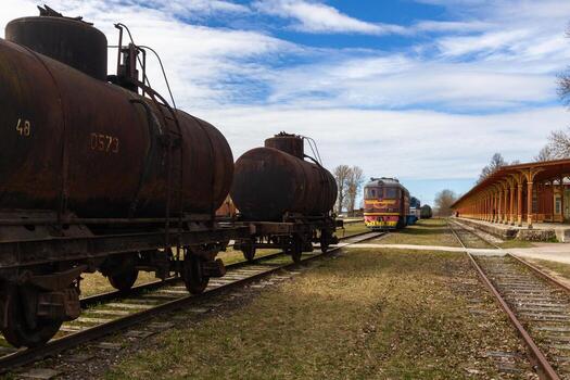 viejos vagones y vías de tren foto