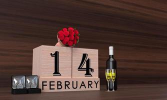 cubo de madera 14 catorce días febrero rosa flora planta hoja champán vino copa anillo caja regalo conjunto símbolo decoración feliz San Valentín boda compromiso romántico amor corazón aniversario fiesta.3d hacer foto