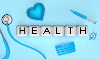 Concept Cube wooden box healthcare font text heart medical stethoscope syringe wear mask blue background symbol decoration treatment physician doctor hospital technology technology insurance.3d render photo