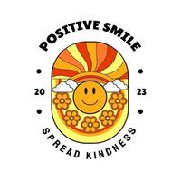 Retro Cute Cartoon Character Illustration. Smile Positive and Spread Kindness 2023 Slogan for Poster or T-Shirt Print Design. Vector