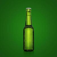 Green bottle of fresh beer with drops of condensation on a green background. 3d render photo