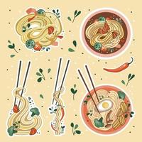 pegatinas de comida asiática. fideos chinos. sopa de udon o ramen. adecuado para pancartas de restaurantes, logotipos y anuncios de comida rápida. vector