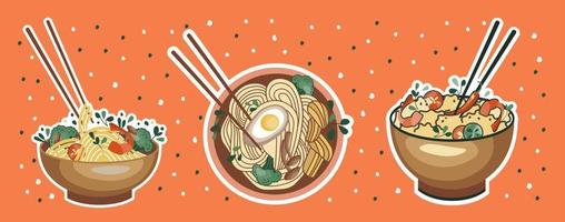 pegatinas de comida asiática. sopa de udon o ramen. fideos y arroz con mariscos. adecuado para pancartas de restaurantes, logotipos y anuncios de comida rápida. comida coreana o china.