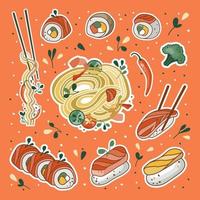 Asian food stickers. Udon or ramen soup, noodles, sushi, and bowl. Suitable for restaurant banners, logos, and fast food advertisements. Seafood. vector