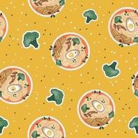 impresión de comida asiática. patrón con sopa de udon o ramen, fideos y brócoli. adecuado para pancartas de restaurantes, menús y anuncios de comida rápida. mariscos.