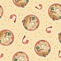 Asian food print. Pattern with udon or ramen soup, noodles, and shrimp. Suitable for restaurant banners, menus, and fast food advertisements. Seafood. vector