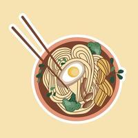 Udon or ramen soup. Asian food sticker. Noodles with egg, chicken, and broccoli. Suitable for restaurant banners, logos, and fast food advertisements. Korean or Chinese food. vector