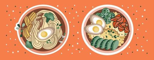 pegatinas de comida asiática. sopa de udon o ramen. fideos chinos. adecuado para pancartas de restaurantes, logotipos y anuncios de comida rápida.