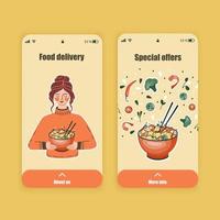 Set of UI, UX screens for mobile app about food delivery. Asian food Dashboard. Chinese, Korean or Japanese online shop. Template of the interface. vector