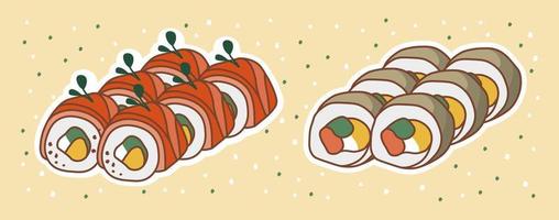 ilustración de sushi. comida japonesa. pegatinas de comida asiática. adecuado para pancartas de restaurantes, logotipos y anuncios de comida rápida. vector