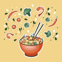 pegatina de comida asiática. arroz con camarones y pimiento picante. adecuado para pancartas de restaurantes, logotipos y anuncios de comida rápida. comida coreana o china.