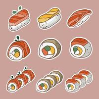 conjunto de diferentes sushi. comida japonesa. pegatinas de comida asiática. adecuado para pancartas de restaurantes, logotipos y anuncios de comida rápida. vector